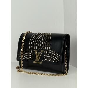 LOUIS VUITTON Black Calfskin Fleur De Lys Pochette Studded Chain Louise
